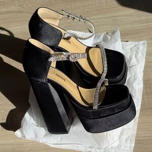 Fashion Nova Black Satin Platform Heels with Sparkling Straps
